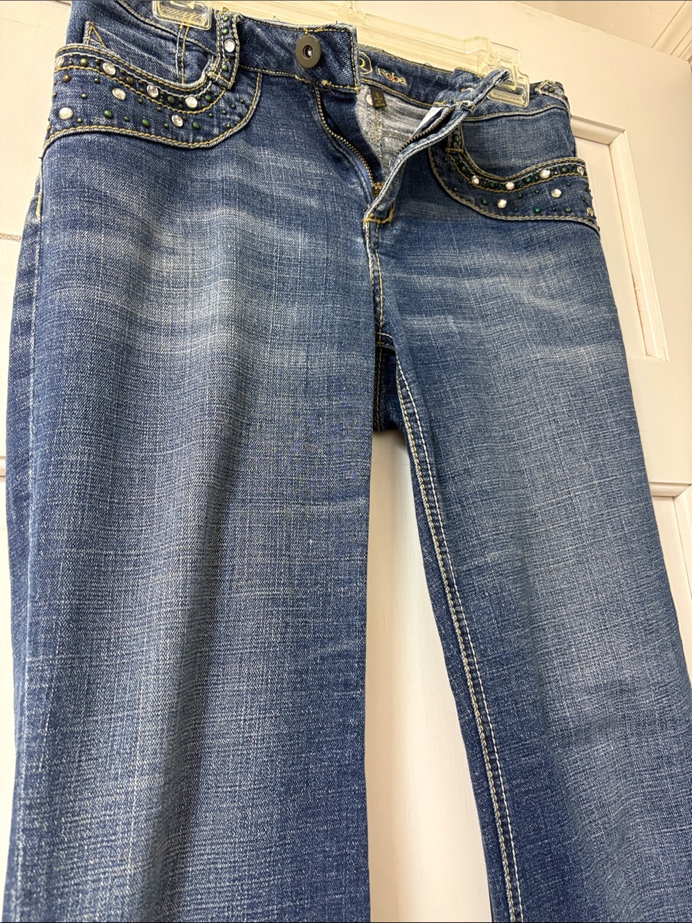 Reba Blue Denim Bootcut Jeans with Embellished Pockets